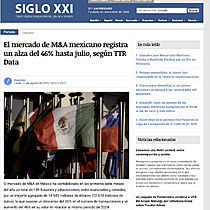 El mercado de M&A mexicano registra un alza del 46% hasta julio, segn TTR Data